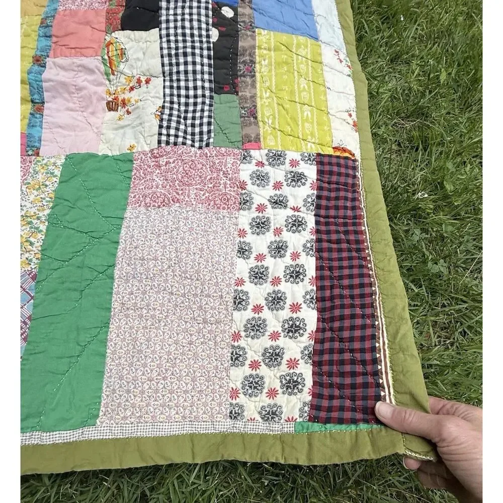 Antique Vintage 1930’s CRAZY QUILT Multi-Color Feed Sack Olive Green Back